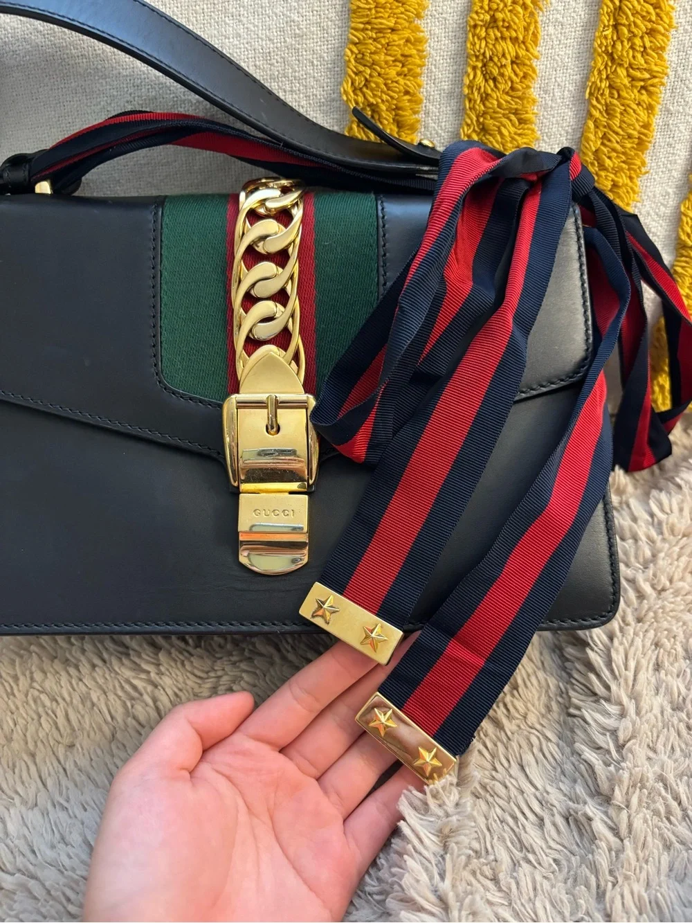 Gucci Vitello Fontanella Web Small Sylvie Shoulder Bag Black Agata - Picture 7 of 11